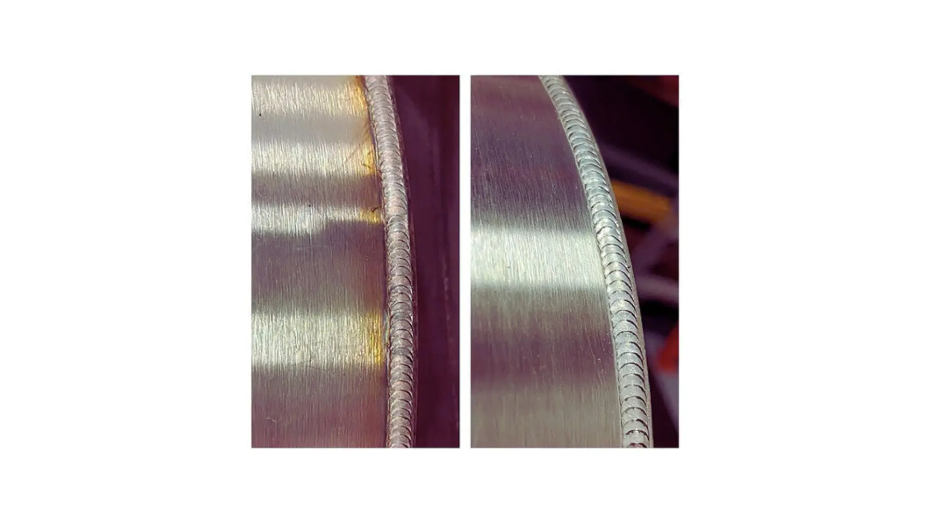 Two stainless steel strips with visible weld zones, showing the heat tint that pickling removes before passivation