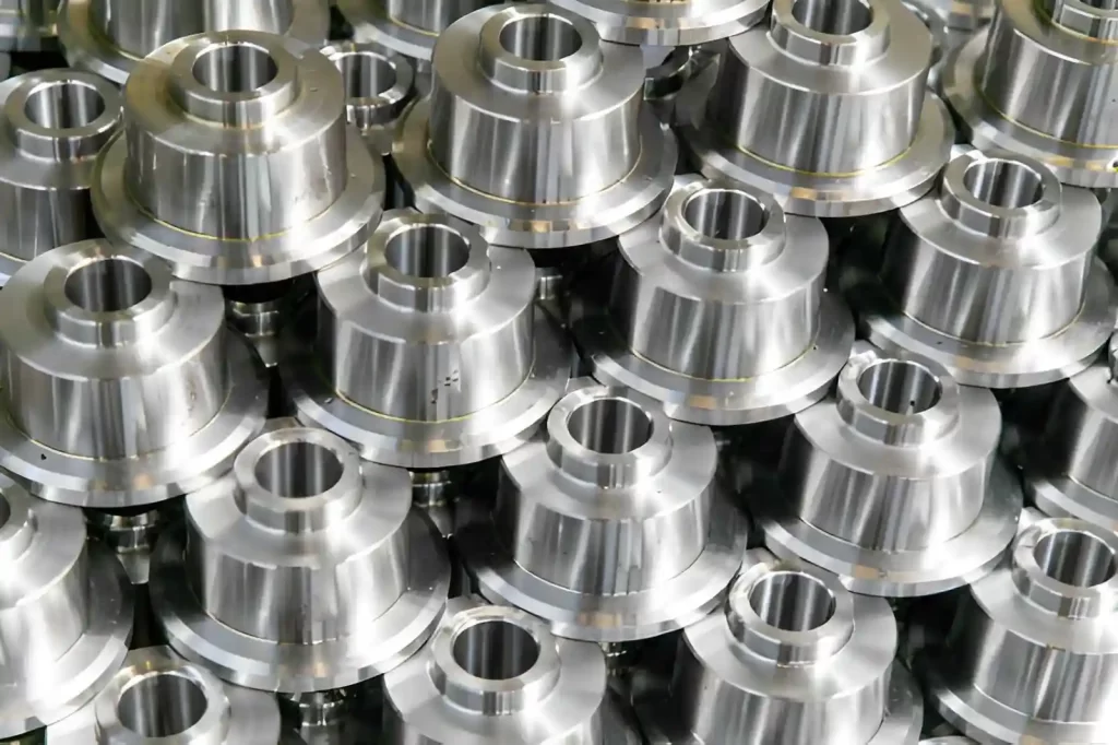 Close-up image of steel round products in a metal processing plant.