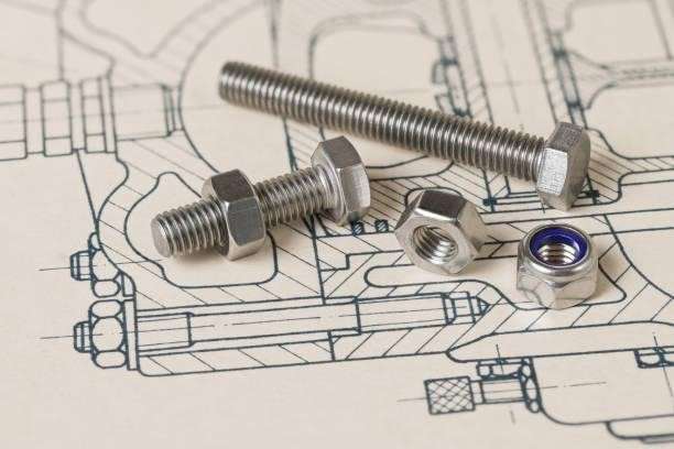 technical drafting of metal bolts and steel screws metallic parts with a hexagonal head