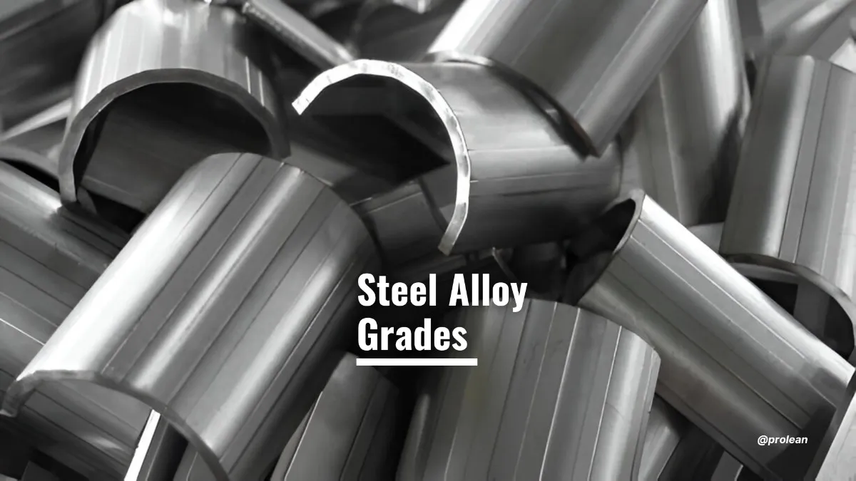 A feature image with bold text "Steel Alloy Grades" overlaid on a background image of a metallic steel surface.