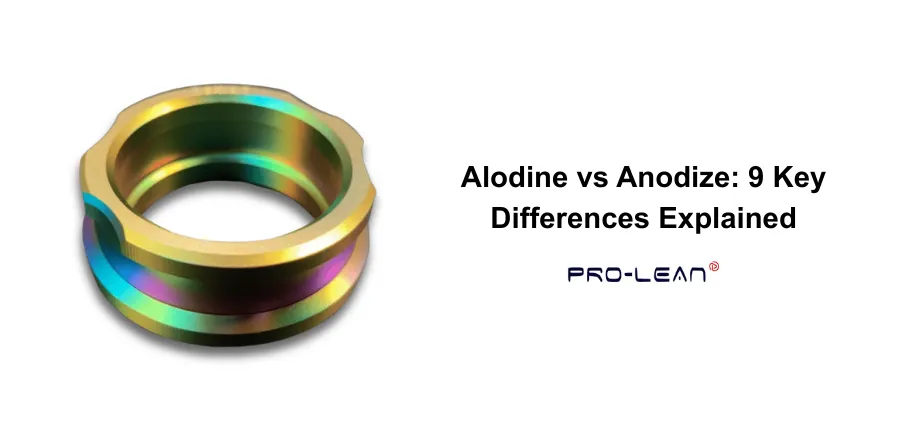 A colorful, iridescent machined metal ring alongside text titled "Alodine vs Anodize: 9 Key Differences Explained" with the Pro-Lean logo.