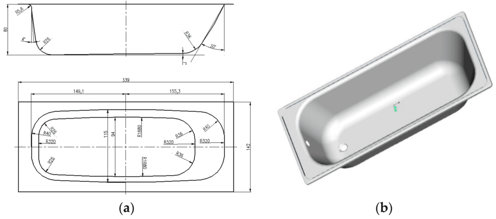 a) 2D drawing of a basin. b) CAD Design for deep-drawing 