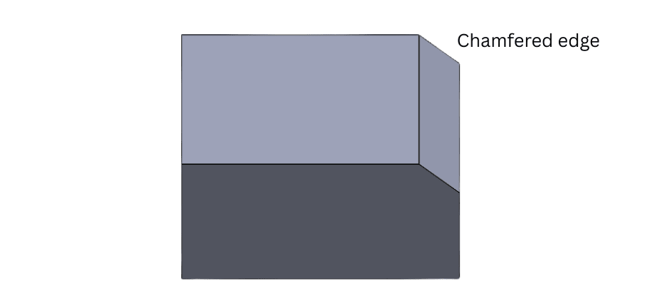 Rectangular block with a top chamfer on a white background with text “Chamfered edge” on the side