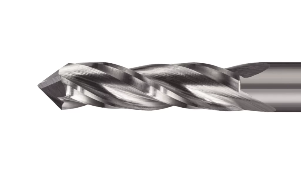 Drill mill with a pointed tip and spiral cutting edges.