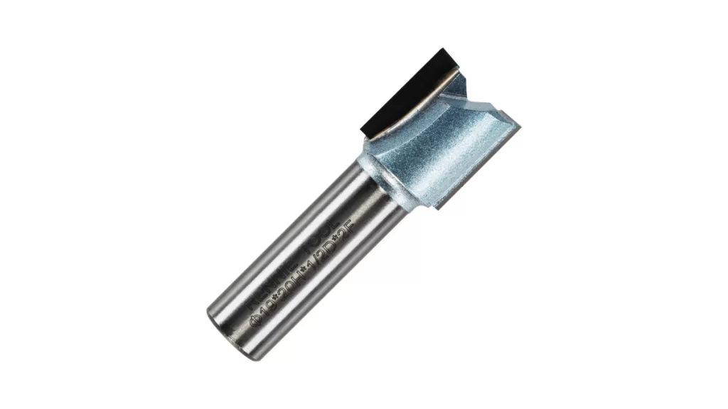Router bit with a sharp, spiral cutting edge, shown clearly.