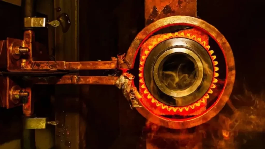 Industrial case hardening process improving the strength of metal parts.