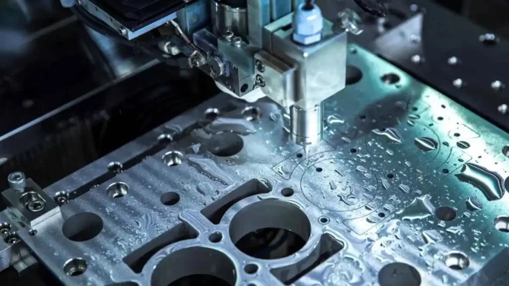 A close-up view of a workpiece held in place during CNC machining.