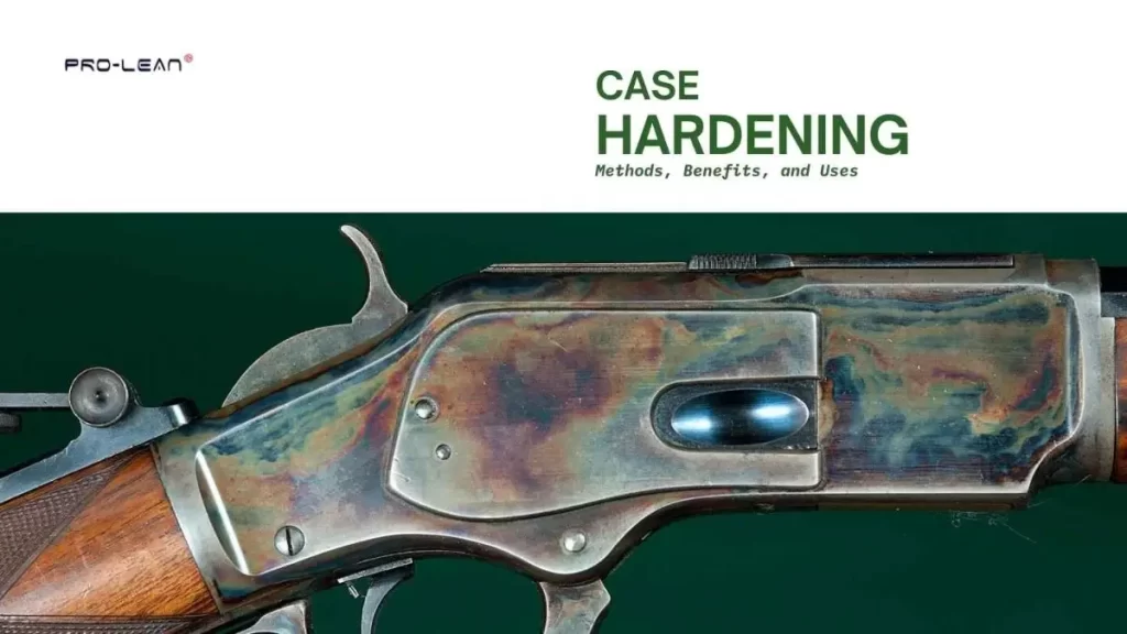 Case-hardened firearm displaying vibrant color patterns beneath overlaid “Case Hardening” title text.