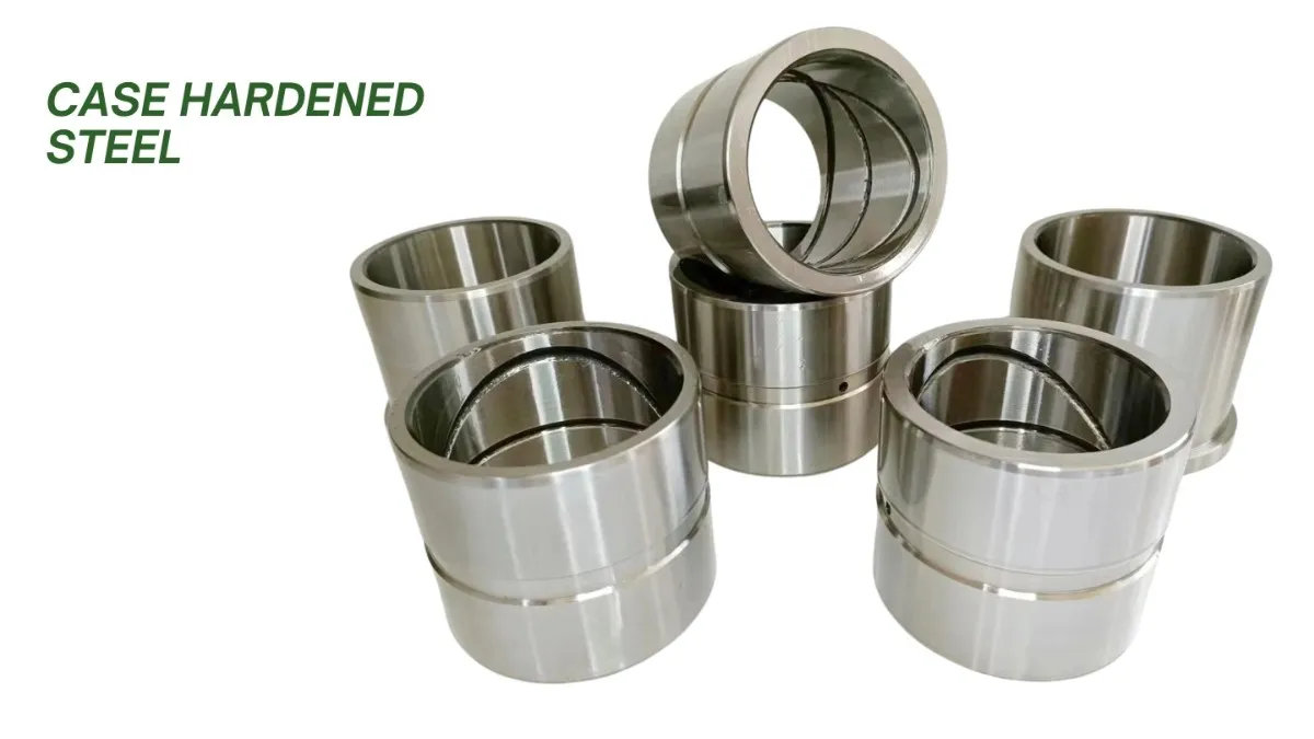 Several case hardened steel parts that show a hard wearing surface after treatment