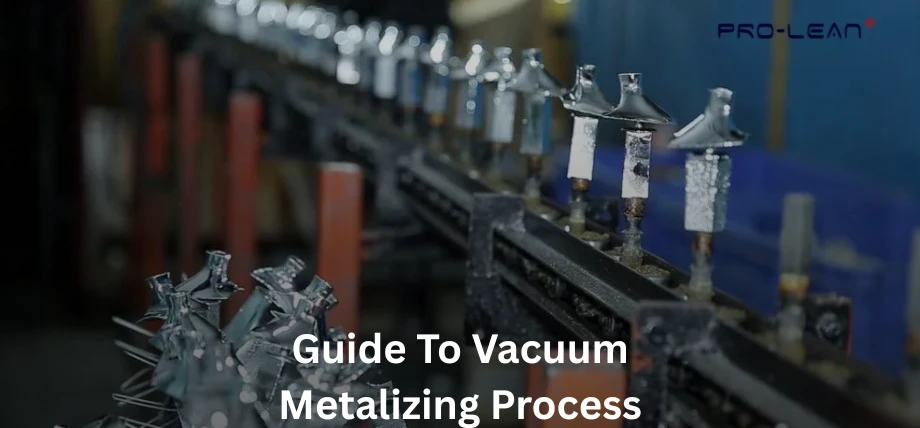 Vacuum metalized parts lined on a converter with text “Guide to vacuum metalizing process”