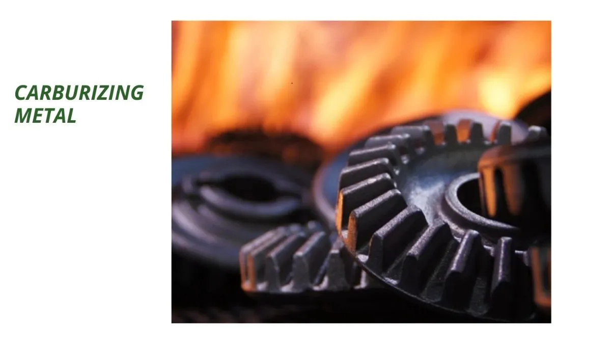 An illustration of the carburizing process, in which carbon is dissolved into the surface of a heated steel part