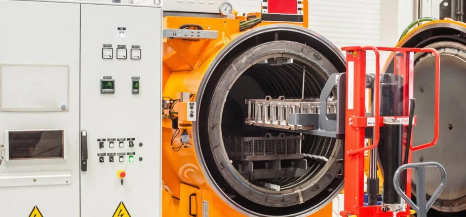 Parts being loaded into an orange vacuum chamber