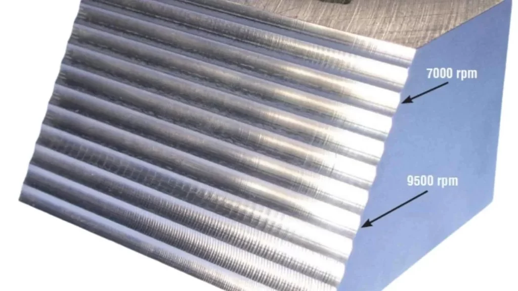 A metal workpiece showing chatter marks at different spindle speeds, labeled 7000 RPM and 9500 RPM.