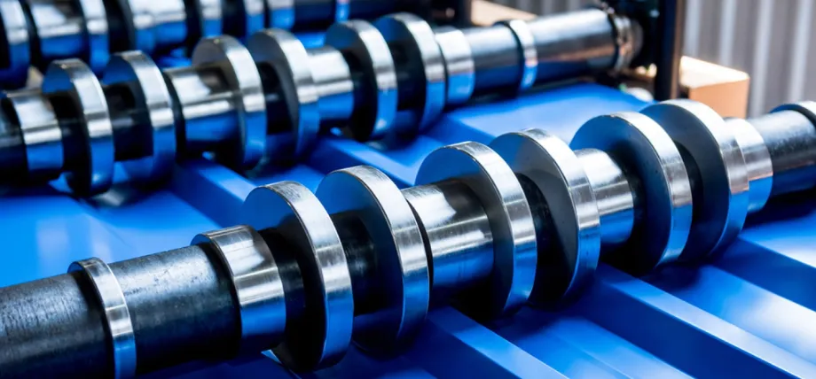 Close-up of polished steel rollers in a roll-forming machine progressively shaping a blue-coated metal sheet during continuous sheet metal fabrication.
