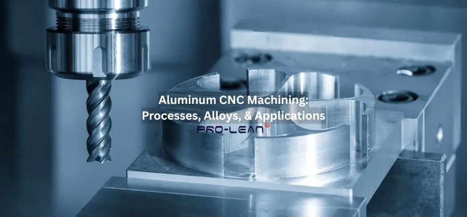 A CNC milling machine with an end mill tool actively machining a polished aluminum workpiece, featuring overlaid text "Aluminum CNC Machining: Processes, Alloys, & Applications"