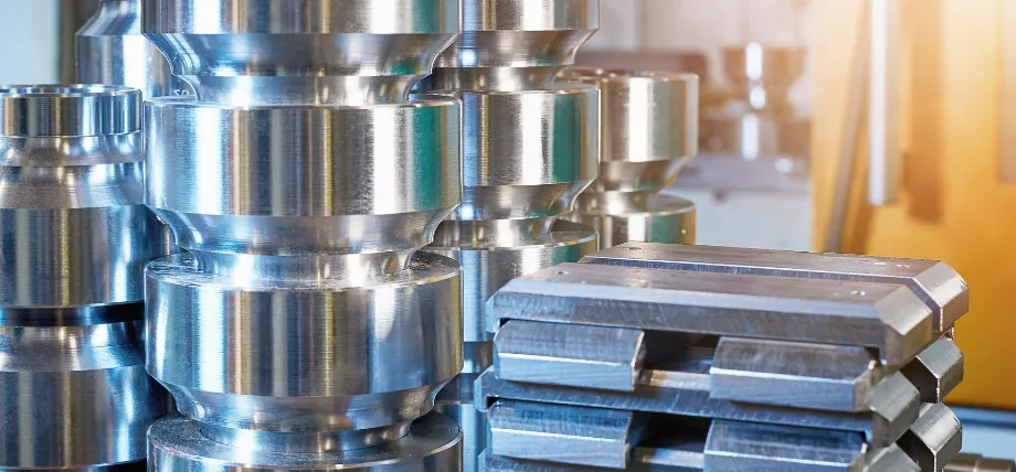 A close-up view of precisely machined aluminum components stacked in an industrial setting, featuring cylindrical parts with stepped profiles and rectangular blocks