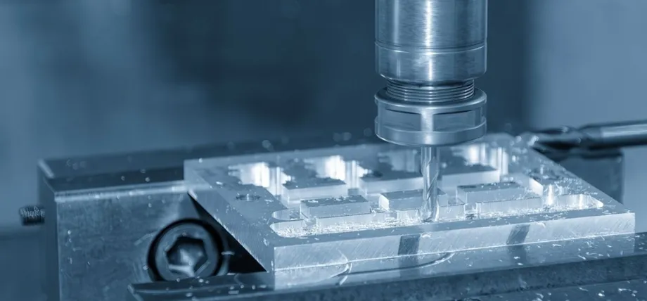 A close-up of a CNC machine with a rotating end mill tool actively cutting into a polished aluminum workpiece, producing fine metal shavings and coolant mist.