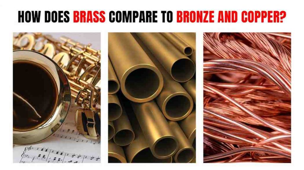 Saxophone, bronze pipes, and copper wires side-by-side.