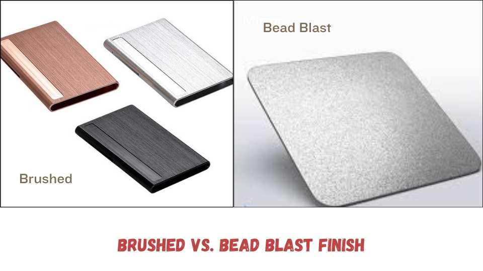 A side by side comparison of brushed and bead blasted finished parts