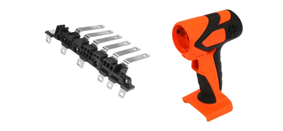 Examples of overmolding include metal inserts bonded to black plastic and an orange power tool handle with a black rubber grip.