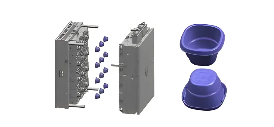A technical diagram showing a multi-cavity mold alongside two purple plastic containers produced using thin-wall injection molding.