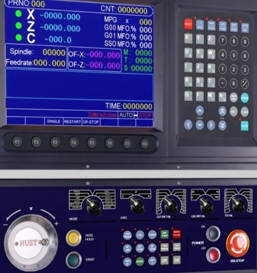A CNC drill controller showing different buttons and a screen