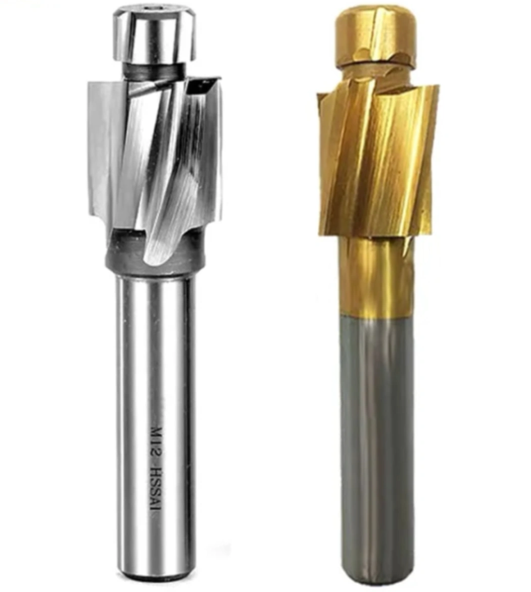 An image of two counterboring tools of plain silver and golden tips respectively 