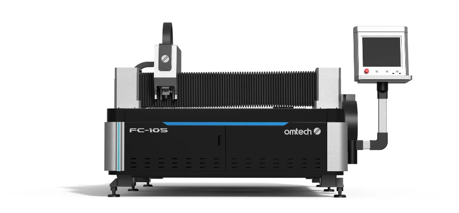 Front view of an Omtech FC-105 fiber laser cutting machine with control panel and enclosed cutting area.