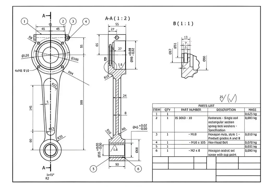 Technical drawing of a connecting rod used in a piston engine. It illustrates a precision mechanical component used in automotive manufacturing.