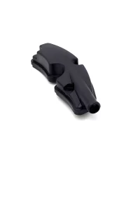 Black curved plastic component manufactured by injection molding, used as a mechanical spare part.