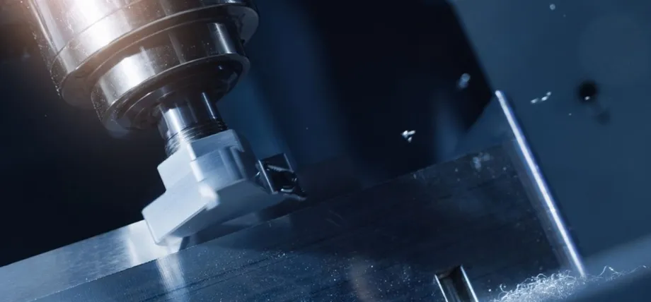 Close-up of a CNC machine tool cutting a metal workpiece, showing the raw, as-machined surface texture.
