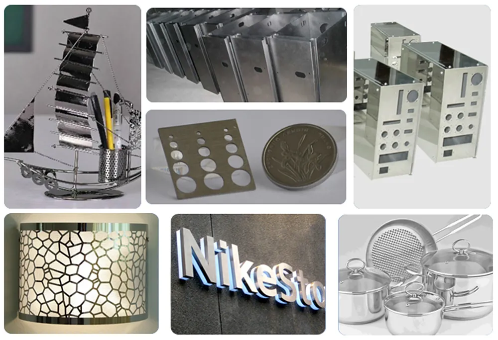 Collection of precision laser-cut by CO2 into products showcasing kitchen graters, perforated panels, signage, and stainless steel cookware applications.