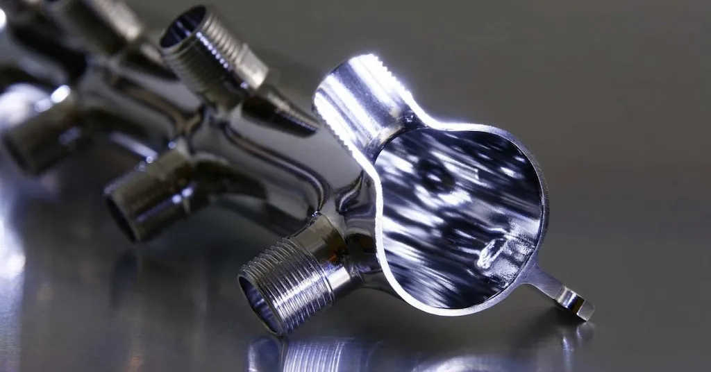 A bright, shiny stainless steel product placed on a dark background