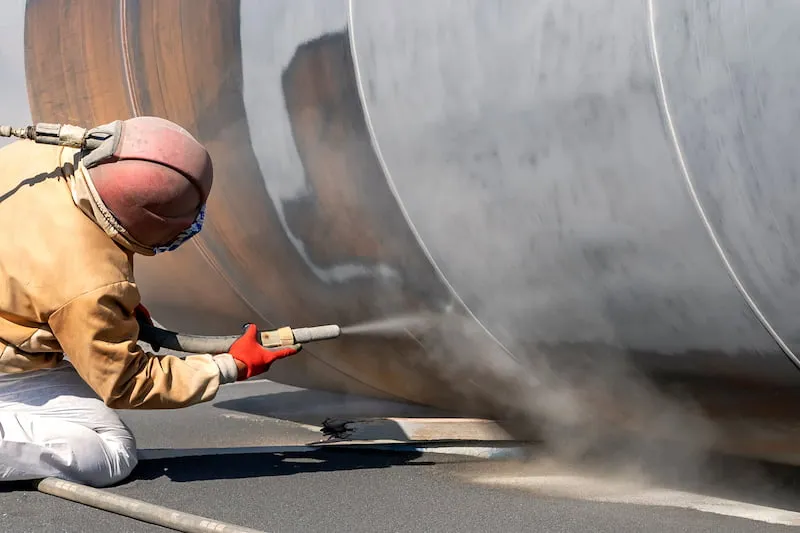 Worker in protective gear performing sand blast finishing on a large metallic tank using a handheld tool.