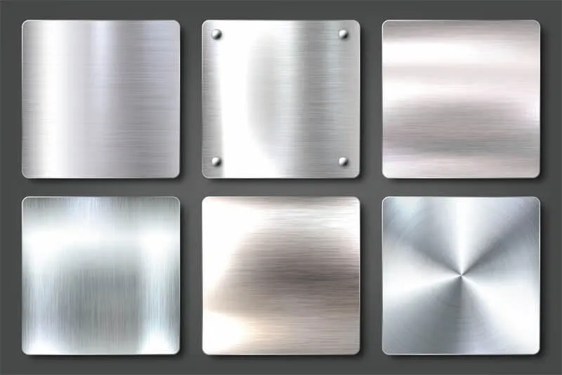 An image displaying six different effects of the same sheet metal finishing process