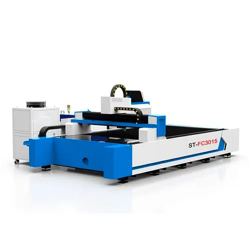 Blue and white industrial fiber laser cutting machine model ST-FC3015 for precision metal fabrication and manufacturing applications.