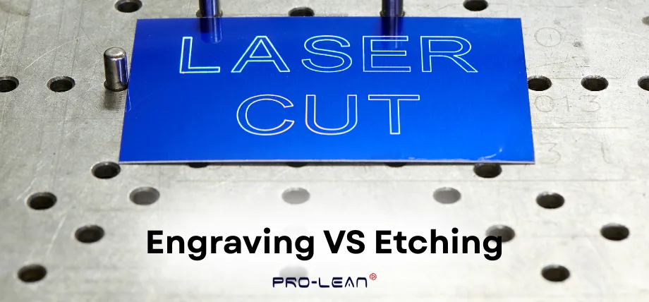 Laser engraved metal piece with text “Engraving vs Etching”