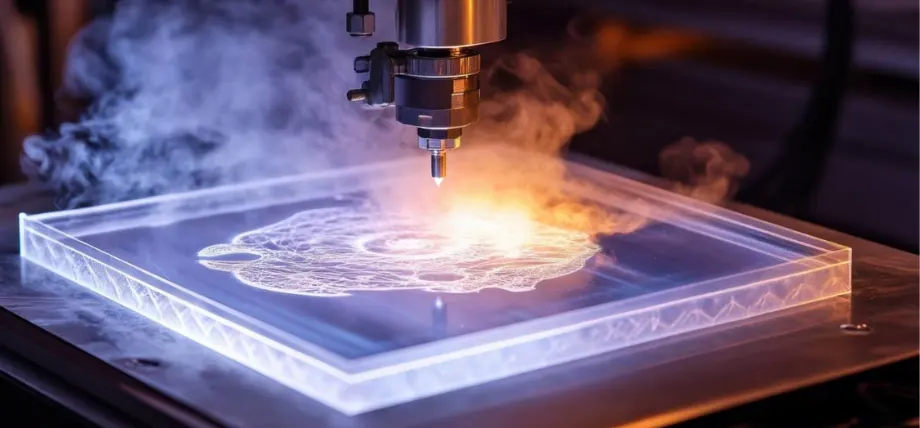 Acrylic sheet under a laser with intricate design