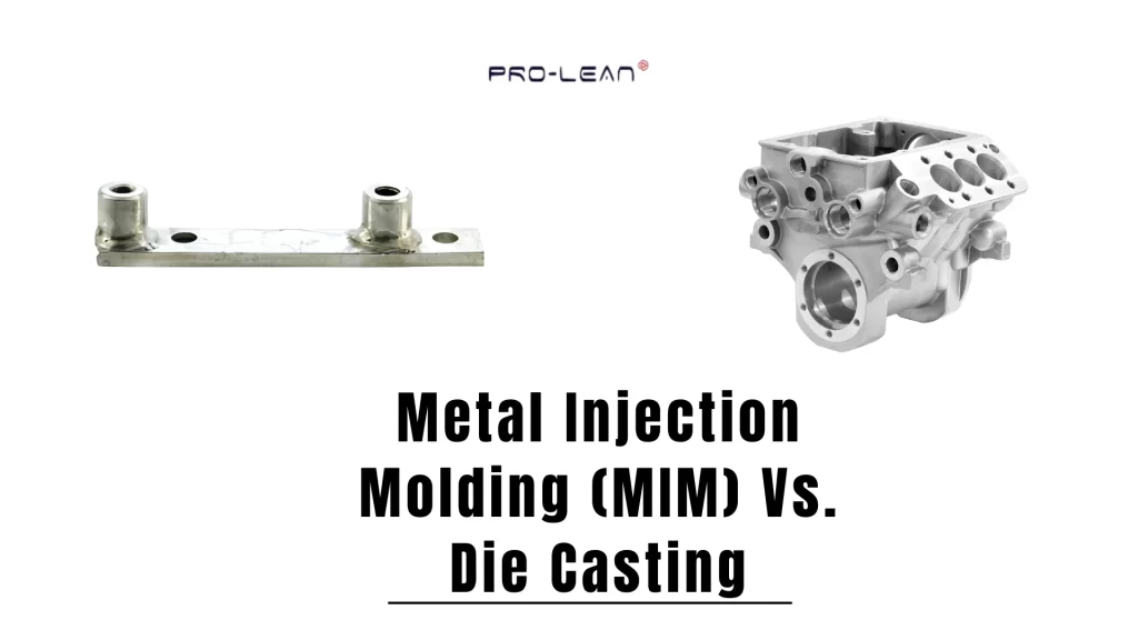 Feature blog image with side-by-side images of a mim part and die cast product and text overlaid (Metal Injection Moulding (MIM) Vs Die Casting)