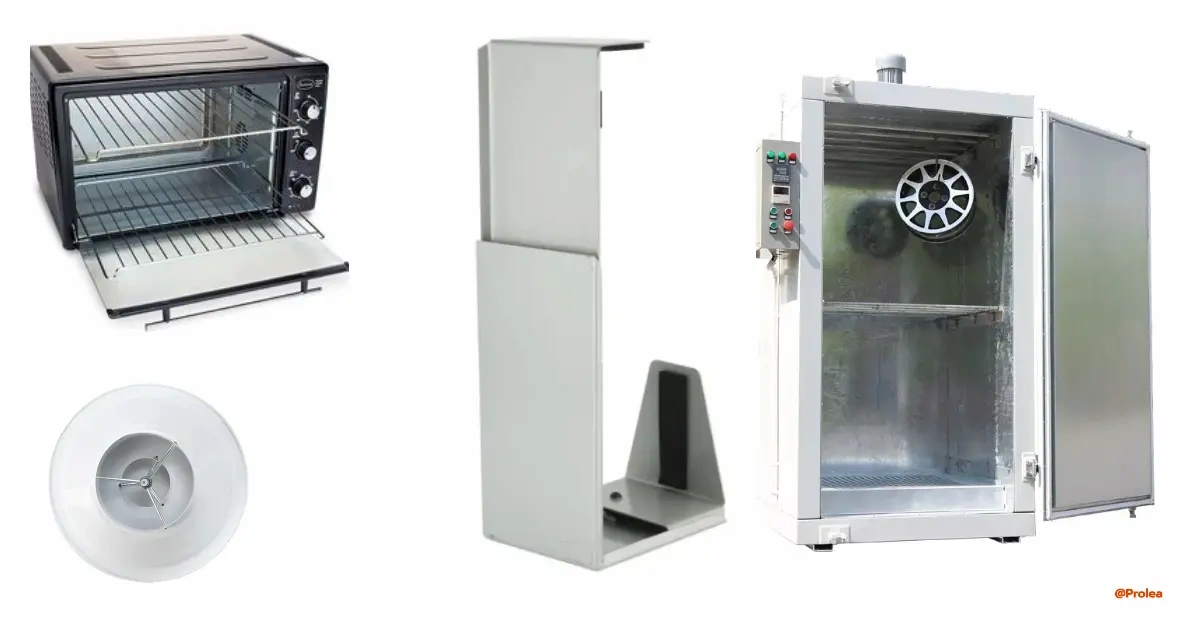 A group of powder coated household appliance parts including an oven and refrigerator panels