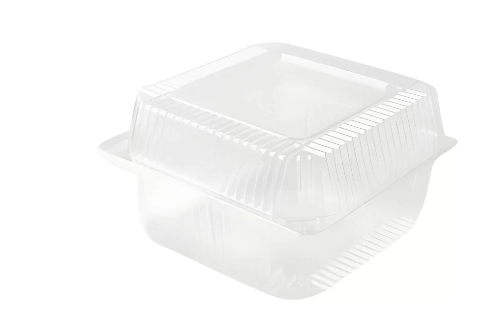 Clear square plastic food container isolated on a white background