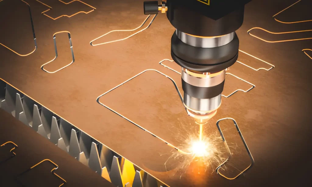 A laser cutting machine precisely cuts a brass sheet with bright sparks visible.