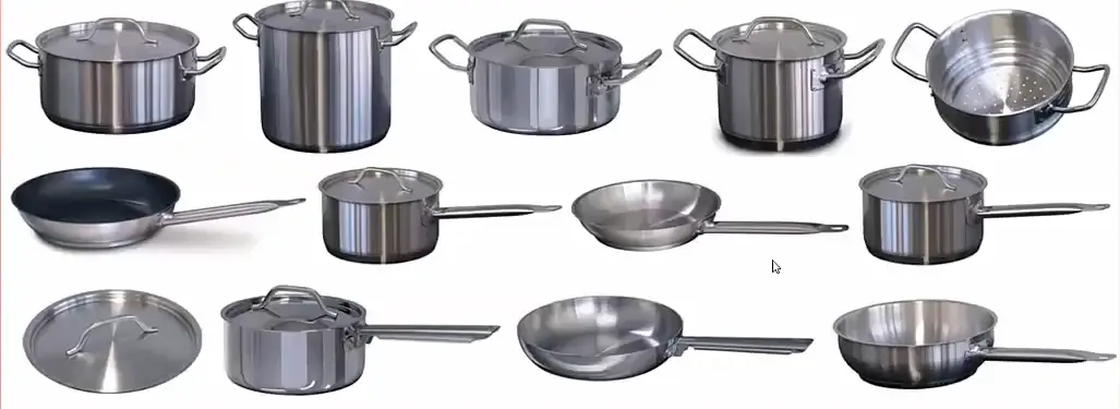 A set of stainless steel cookware with a dark non-stick coating on the cooking surfaces