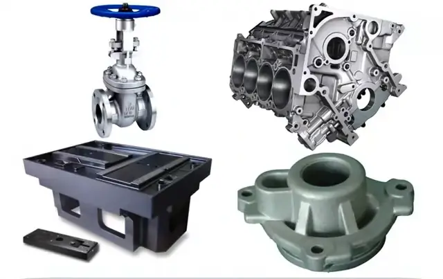 Image showcasing four products manufactured using the Sand Casting process, highlighting various industrial components