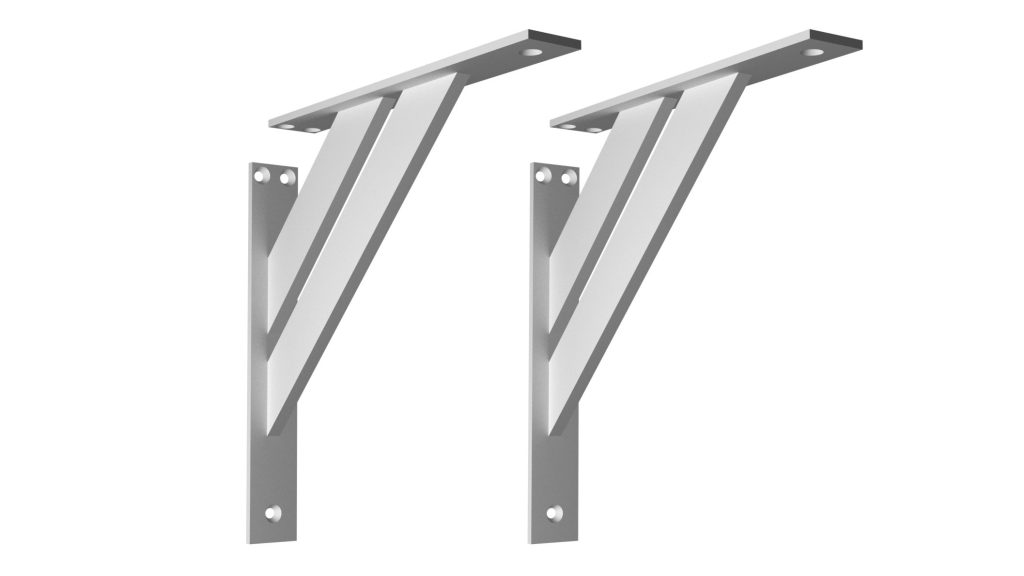 Detailed view of an aluminum bracket with an angled design, highlighting its clean lines and sturdy construction, perfect for supporting application.