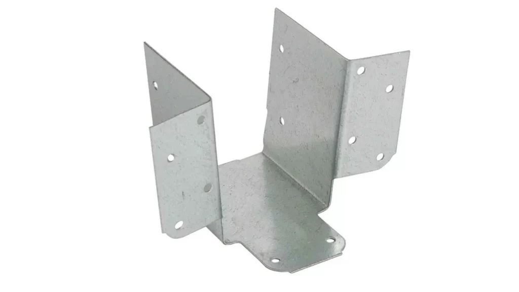 Aluminum joist hangers designed to support wooden beams, featuring a U-shaped frame with pre-drilled holes for easy attachment to walls.