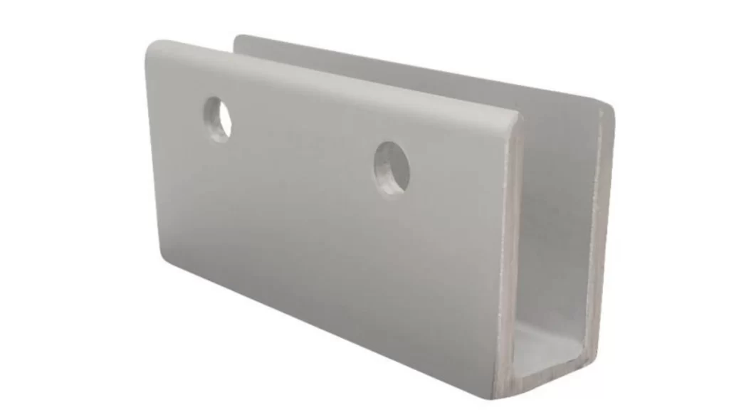 A U-shaped aluminum bracket with a smooth metallic finish, featuring two vertical arms and a flat base for structural support.