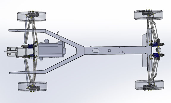 Backbone chassis with suspension, motor, and drivetrain assembly, emphasizing a streamlined design.