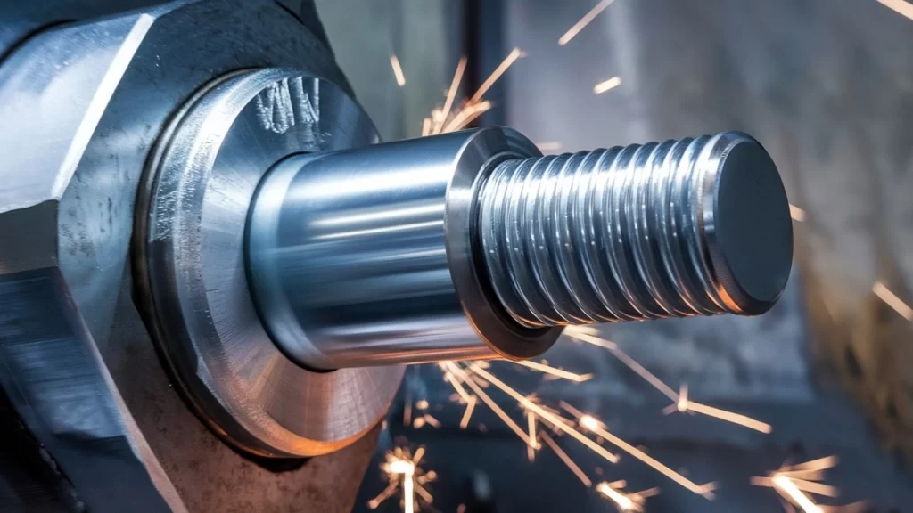 A turner tool cutting the thread on CNC machine and sparks 