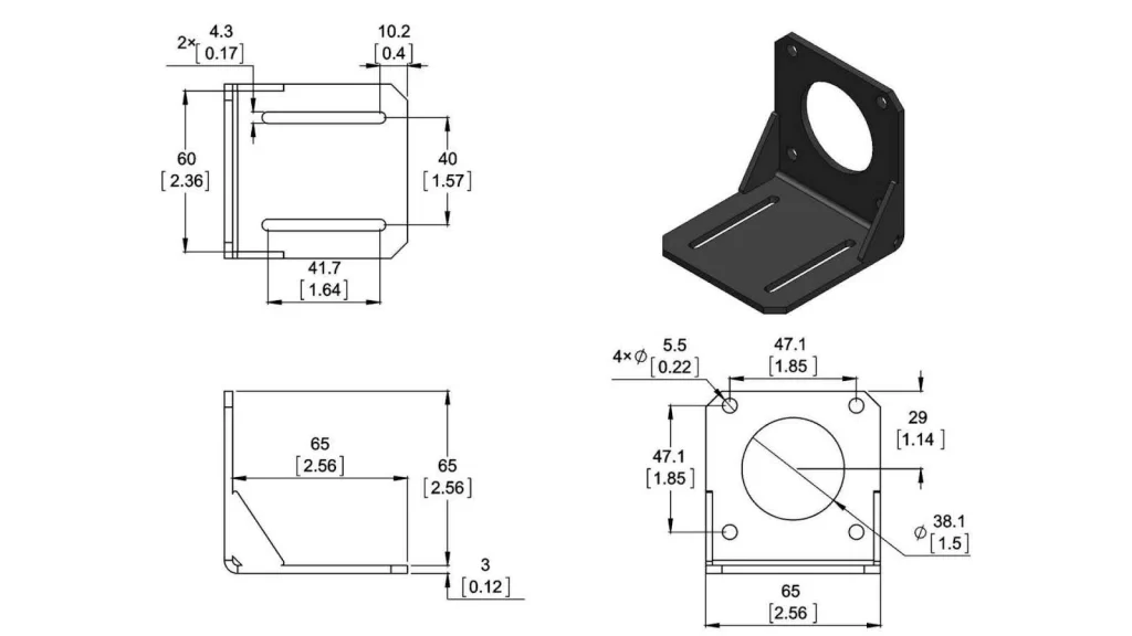 A detailed CAD design of an aluminum bracket, showcasing precise measurements and angles, with a 3D view.